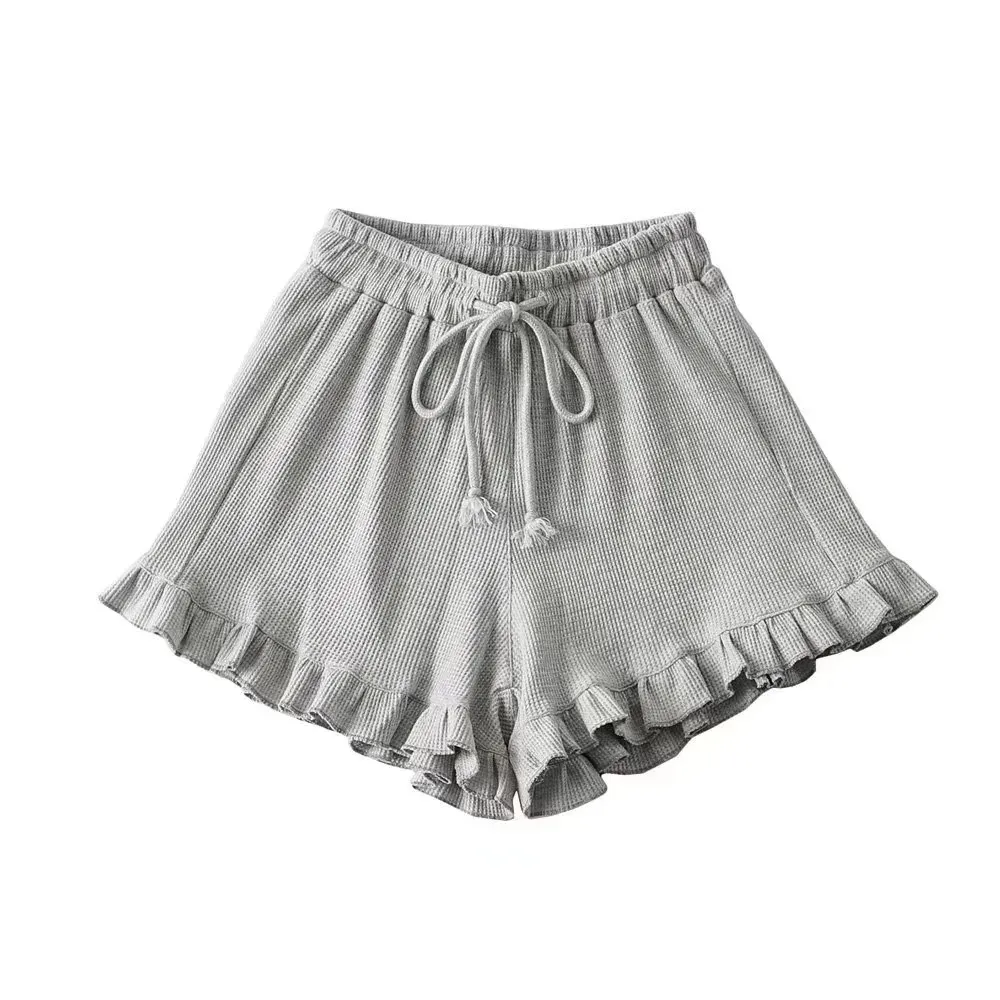 Women's Casual Lace Waffle Shorts - Trendy Summer Elastic Waist Tie Ruffle Sports Hot Pants - Versatile Loungewear & Activewear thumbnail 5