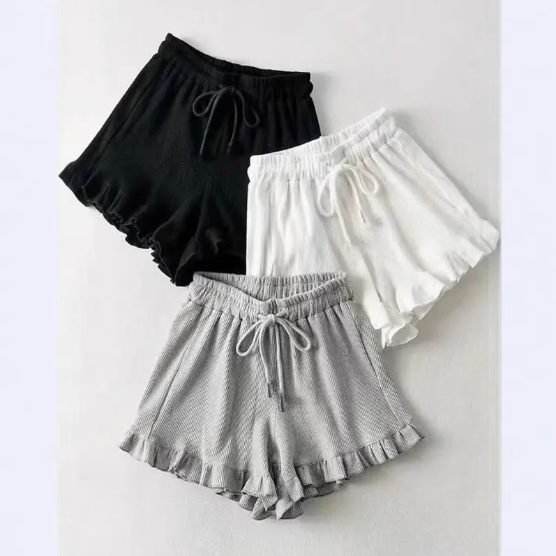 Women's Casual Lace Waffle Shorts - Trendy Summer Elastic Waist Tie Ruffle Sports Hot Pants - Versatile Loungewear & Activewear thumbnail 4