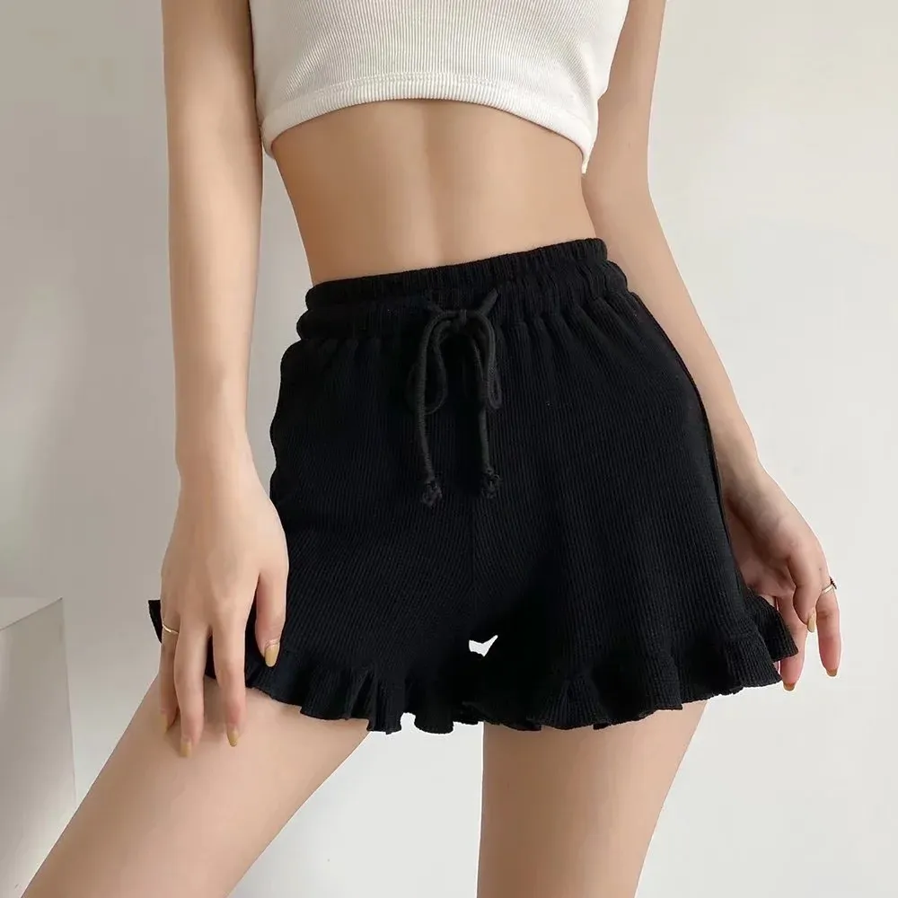 Women's Casual Lace Waffle Shorts - Trendy Summer Elastic Waist Tie Ruffle Sports Hot Pants - Versatile Loungewear & Activewear showcase 7