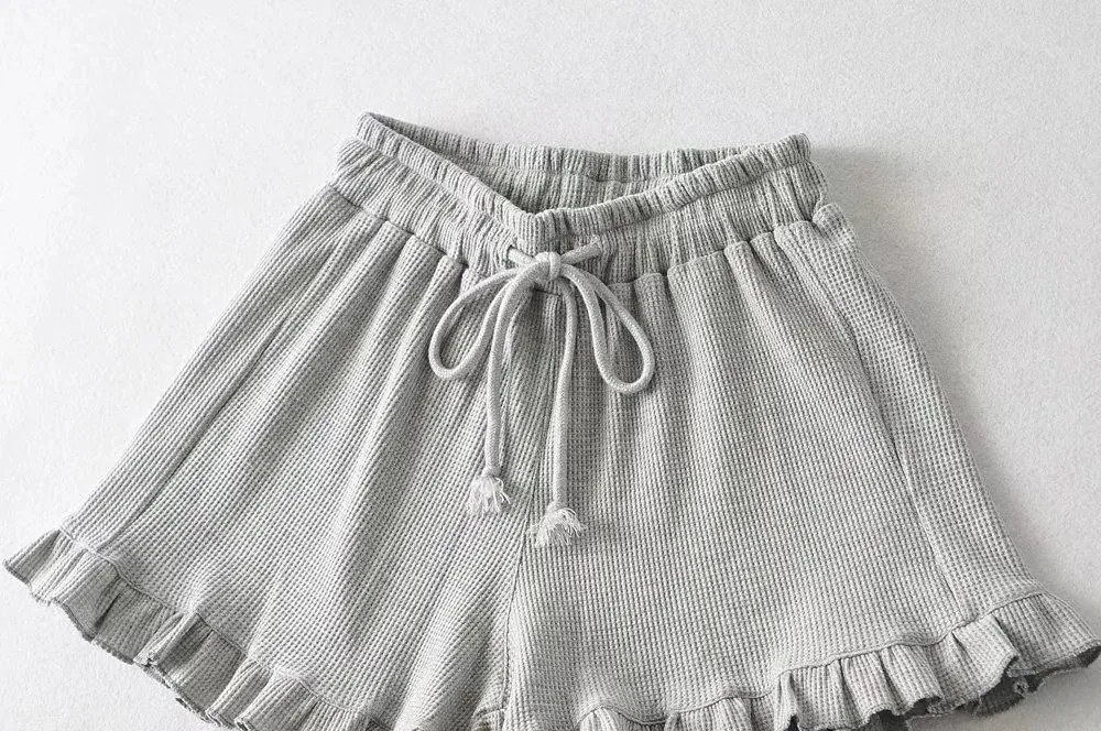 Women's Casual Lace Waffle Shorts - Trendy Summer Elastic Waist Tie Ruffle Sports Hot Pants - Versatile Loungewear & Activewear showcase 15