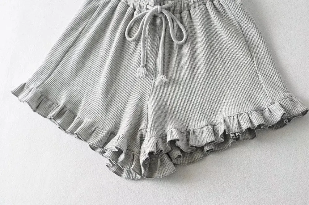 Women's Casual Lace Waffle Shorts - Trendy Summer Elastic Waist Tie Ruffle Sports Hot Pants - Versatile Loungewear & Activewear showcase 16