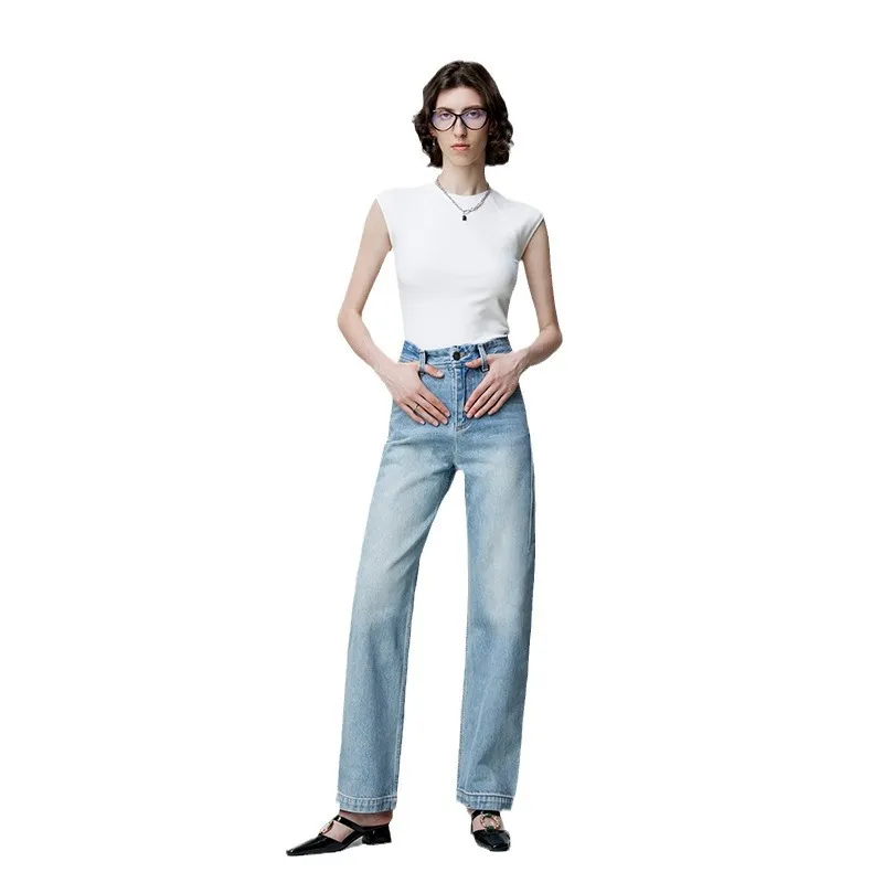 Women's High-Waisted Straight Leg Jeans - Premium Denim, Slimming Fit, Light Luxury Texture, Spring Fashion 2026 - Available in Three Colors thumbnail 5