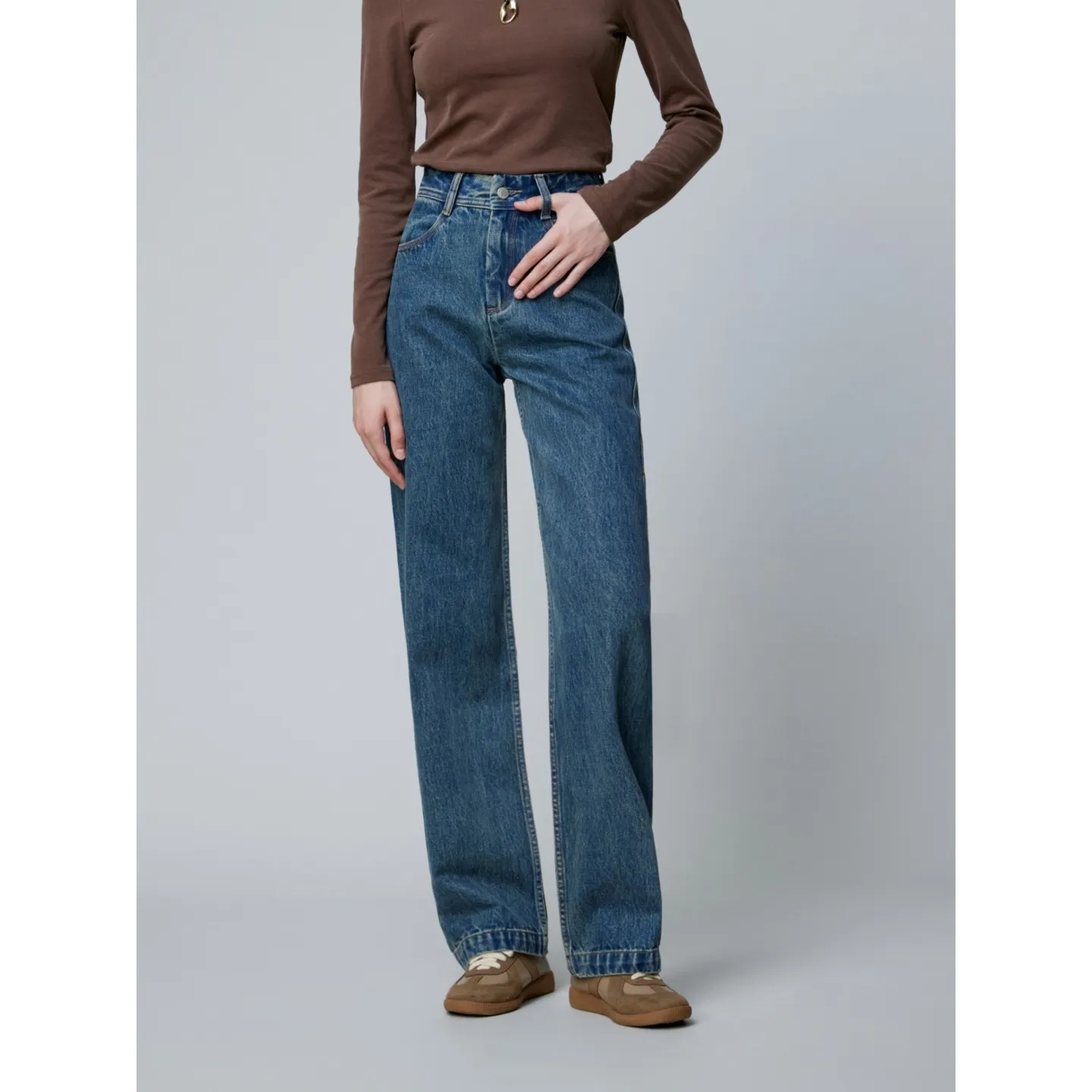 Women's High-Waisted Straight Leg Jeans - Premium Denim, Slimming Fit, Light Luxury Texture, Spring Fashion 2026 - Available in Three Colors thumbnail 7