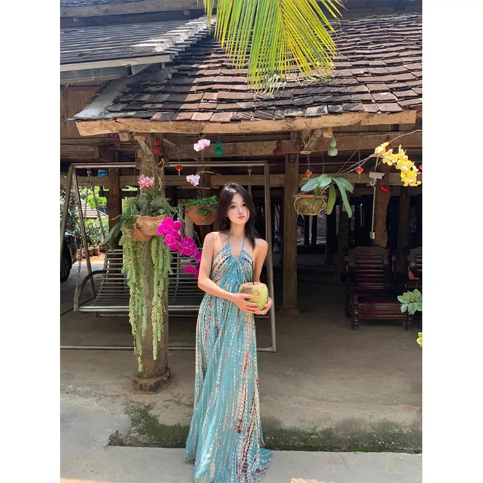 Women's Bohemian Halter Sling Dress - Retro Style Sexy Backless Seaside Holiday Dress for Women, Xishuangbanna Thailand Inspired thumbnail 6