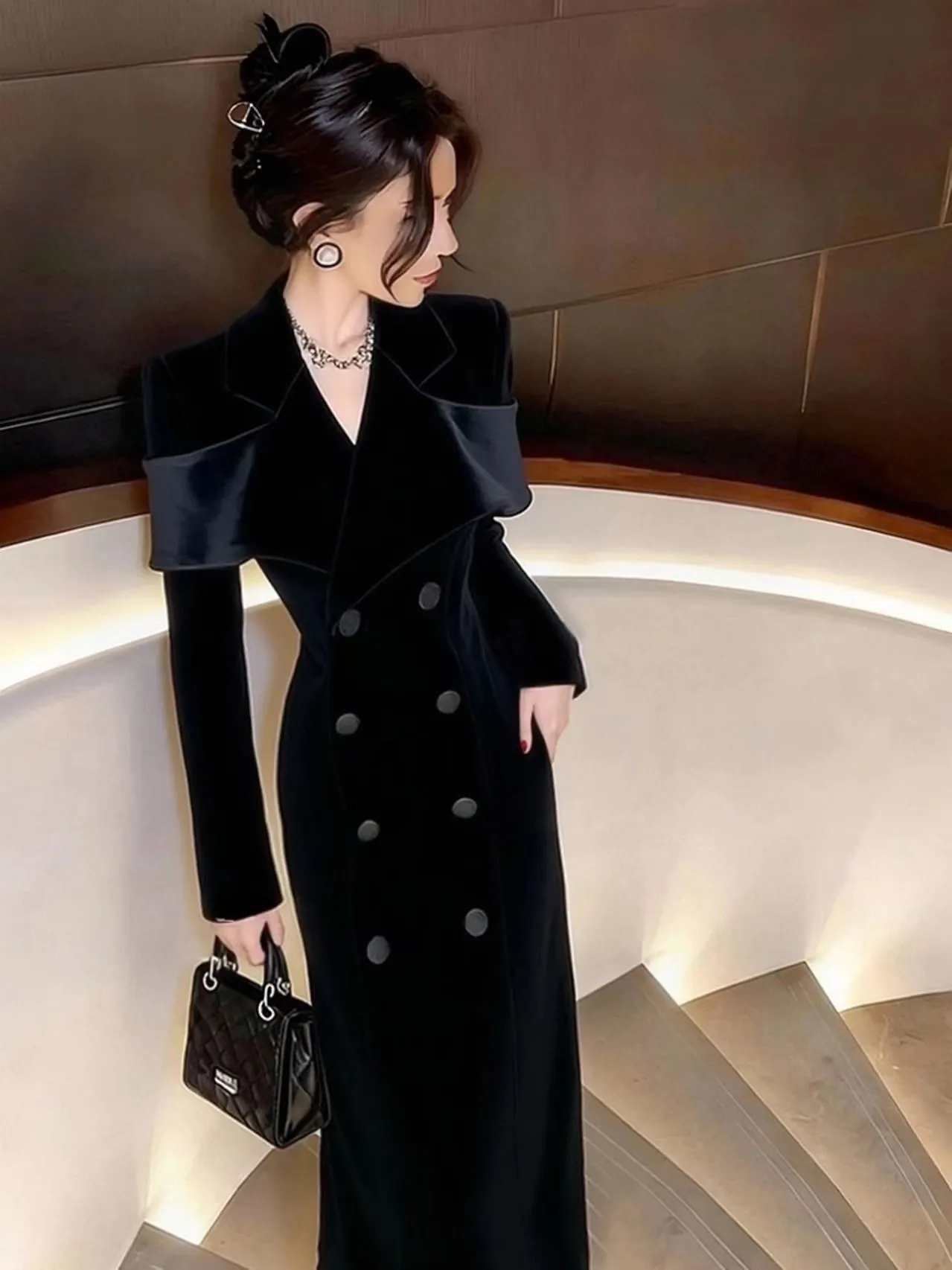 Women's Black Velvet Blazer Dress, Autumn/Winter, Elegant Occasion, Slim Fit, Long Dress - Korean Style thumbnail 6