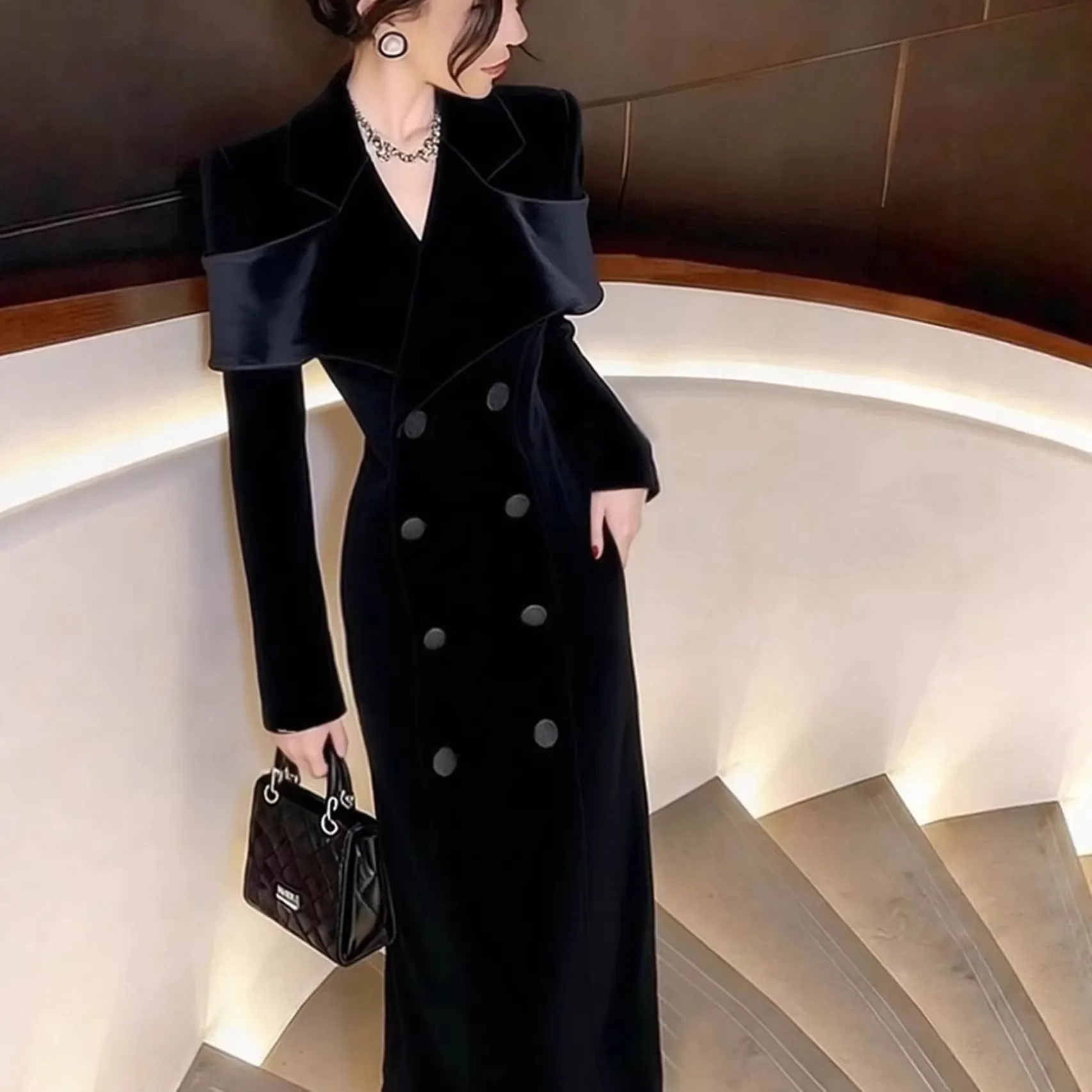Women's Black Velvet Blazer Dress, Autumn/Winter, Elegant Occasion, Slim Fit, Long Dress - Korean Style thumbnail 4