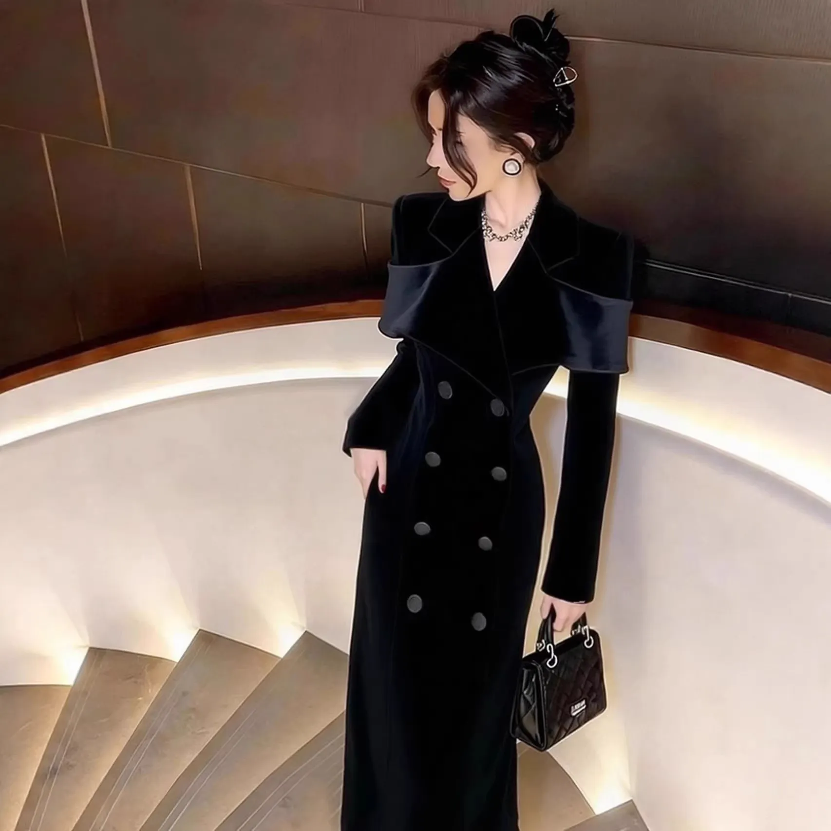 Women's Black Velvet Blazer Dress, Autumn/Winter, Elegant Occasion, Slim Fit, Long Dress - Korean Style thumbnail 2