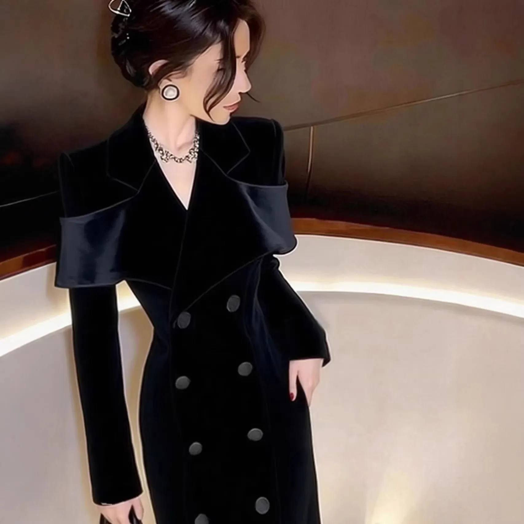 Women's Black Velvet Blazer Dress, Autumn/Winter, Elegant Occasion, Slim Fit, Long Dress - Korean Style thumbnail 5