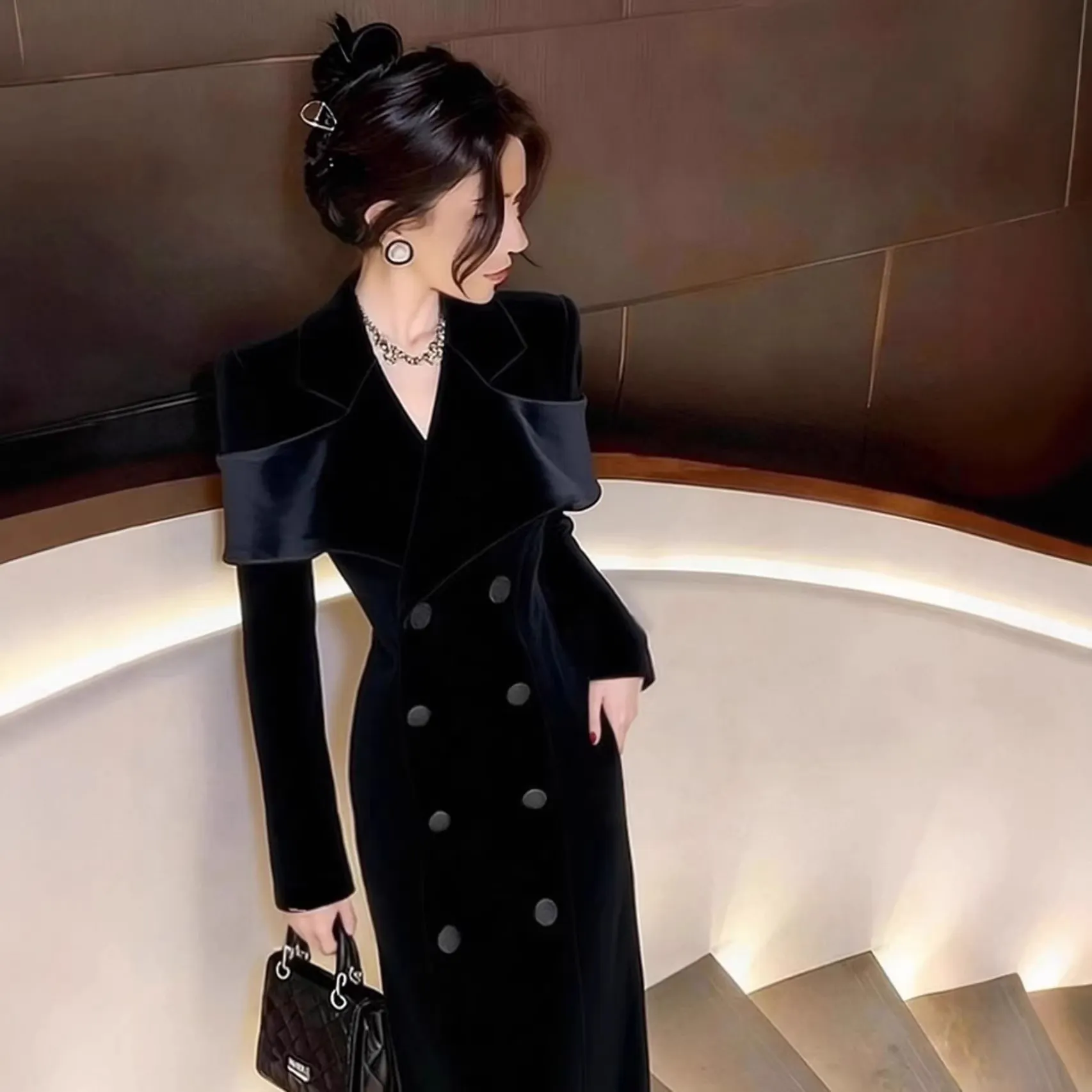 Women's Black Velvet Blazer Dress, Autumn/Winter, Elegant Occasion, Slim Fit, Long Dress - Korean Style thumbnail 3
