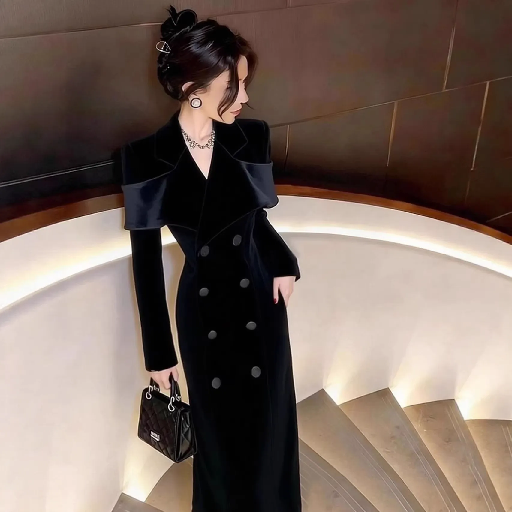 Women's Black Velvet Blazer Dress, Autumn/Winter, Elegant Occasion, Slim Fit, Long Dress - Korean Style thumbnail 1