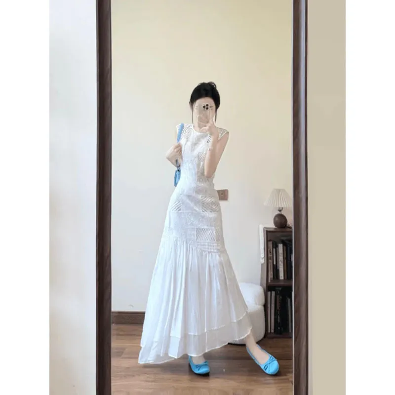 Elegant White Hollow Out Maxi Dress for Women - Summer Petite Style, High Waist, A-Line Holiday Long Skirt - French Inspired Fashion thumbnail 6