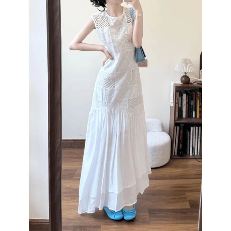 Elegant White Hollow Out Maxi Dress for Women - Summer Petite Style, High Waist, A-Line Holiday Long Skirt - French Inspired Fashion thumbnail 2