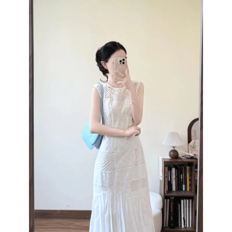 Elegant White Hollow Out Maxi Dress for Women - Summer Petite Style, High Waist, A-Line Holiday Long Skirt - French Inspired Fashion thumbnail 4