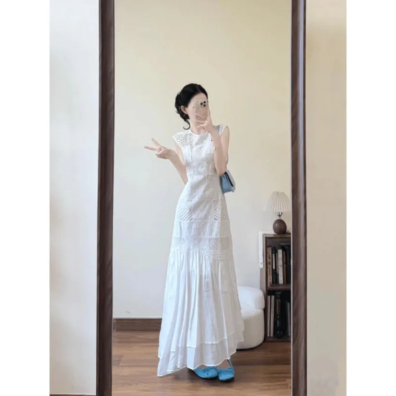 Elegant White Hollow Out Maxi Dress for Women - Summer Petite Style, High Waist, A-Line Holiday Long Skirt - French Inspired Fashion showcase 4
