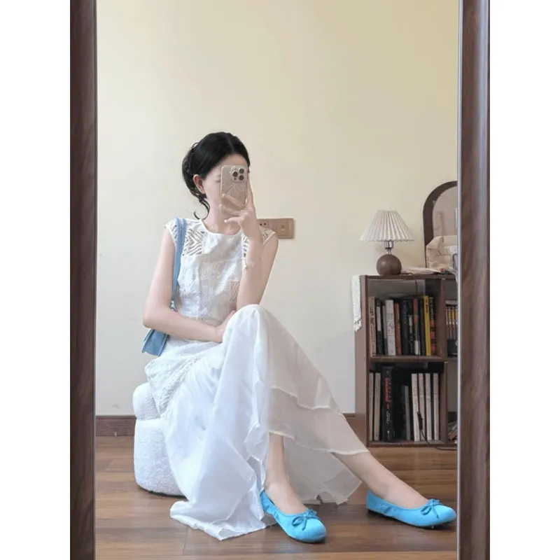 Elegant White Hollow Out Maxi Dress for Women - Summer Petite Style, High Waist, A-Line Holiday Long Skirt - French Inspired Fashion showcase 2