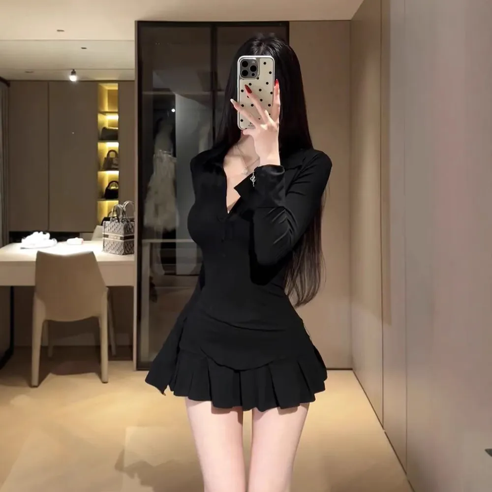 Girls' Black Dress Autumn Winter Slim Fit Hip Skirt Spring Suit - High Grade Royal Sister Style Children's Clothing thumbnail 1