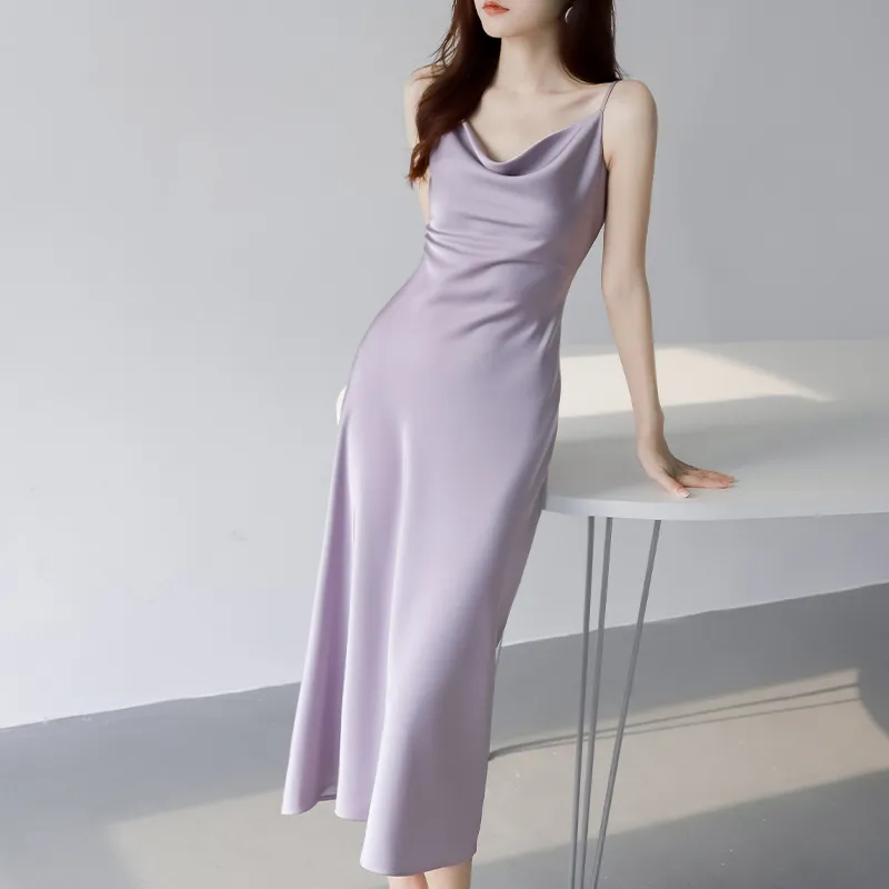 Women's Acetic Satin Sling Dress - Sleeveless Summer Dress with Collar - Elegant Party Cocktail Dress for Ladies 2024 thumbnail 1