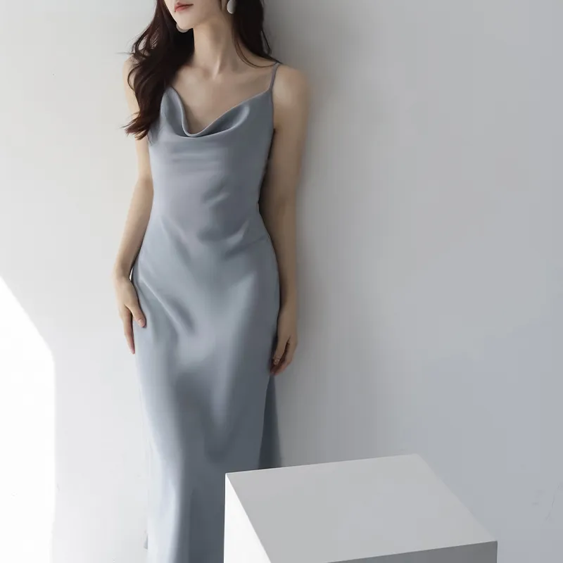 Women's Acetic Satin Sling Dress - Sleeveless Summer Dress with Collar - Elegant Party Cocktail Dress for Ladies 2024 thumbnail 9