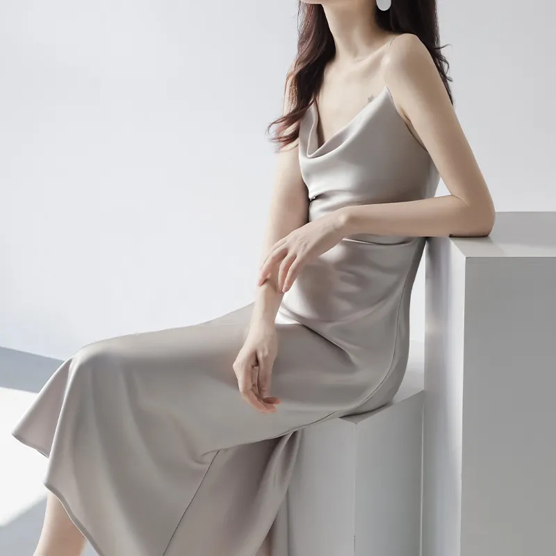 Women's Acetic Satin Sling Dress - Sleeveless Summer Dress with Collar - Elegant Party Cocktail Dress for Ladies 2024 thumbnail 10