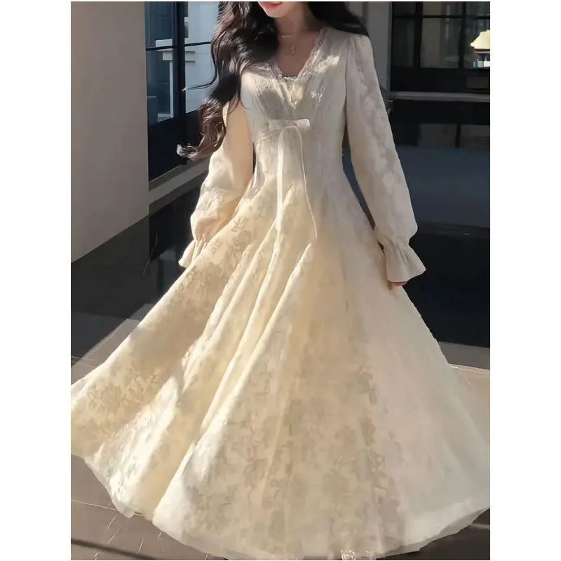 Women's V-Neck Lace Dress Elegant A-Line Flared Skirt Rosemary Garden Style, Slim Waist, Plus Velvet Lining, New Arrival showcase 6