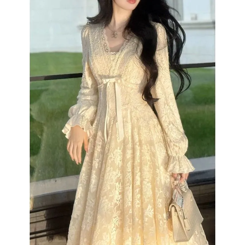 Women's V-Neck Lace Dress Elegant A-Line Flared Skirt Rosemary Garden Style, Slim Waist, Plus Velvet Lining, New Arrival showcase 2