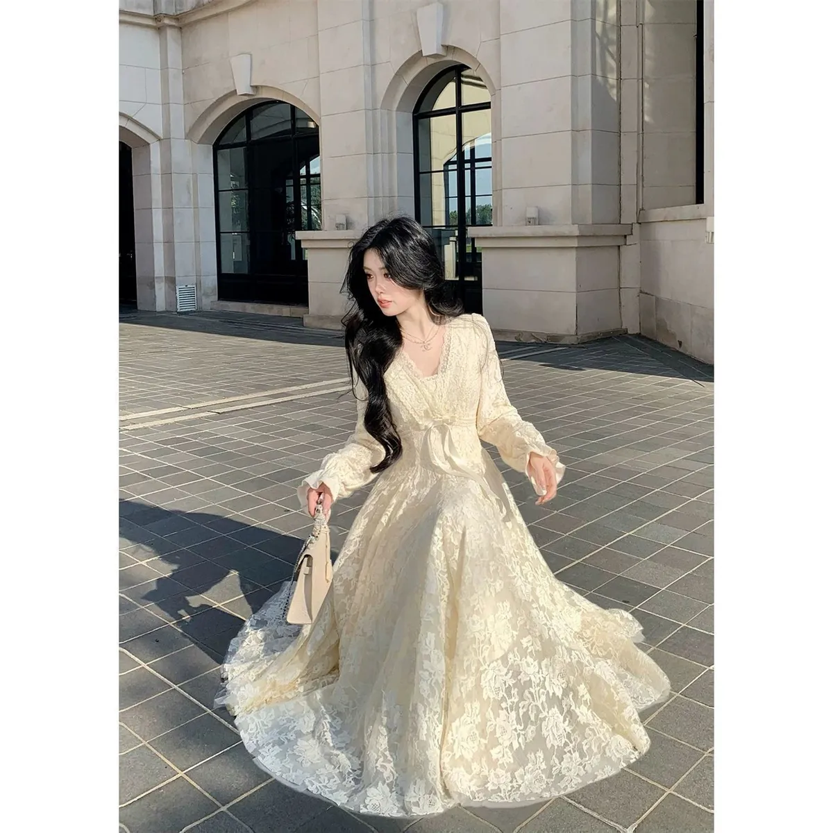 Women's V-Neck Lace Dress Elegant A-Line Flared Skirt Rosemary Garden Style, Slim Waist, Plus Velvet Lining, New Arrival showcase 4