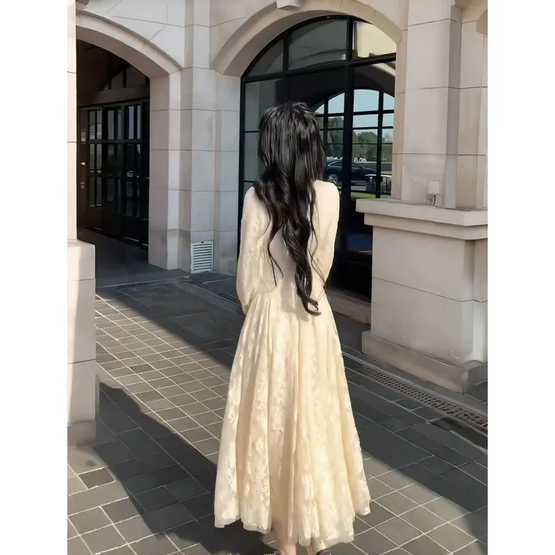 Women's V-Neck Lace Dress Elegant A-Line Flared Skirt Rosemary Garden Style, Slim Waist, Plus Velvet Lining, New Arrival thumbnail 2