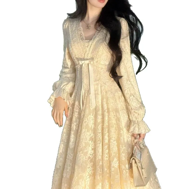 Women's V-Neck Lace Dress Elegant A-Line Flared Skirt Rosemary Garden Style, Slim Waist, Plus Velvet Lining, New Arrival thumbnail 5
