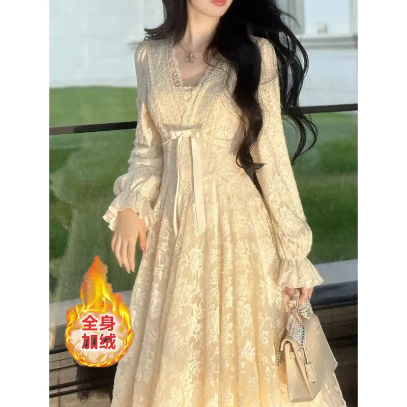 Women's V-Neck Lace Dress Elegant A-Line Flared Skirt Rosemary Garden Style, Slim Waist, Plus Velvet Lining, New Arrival thumbnail 7