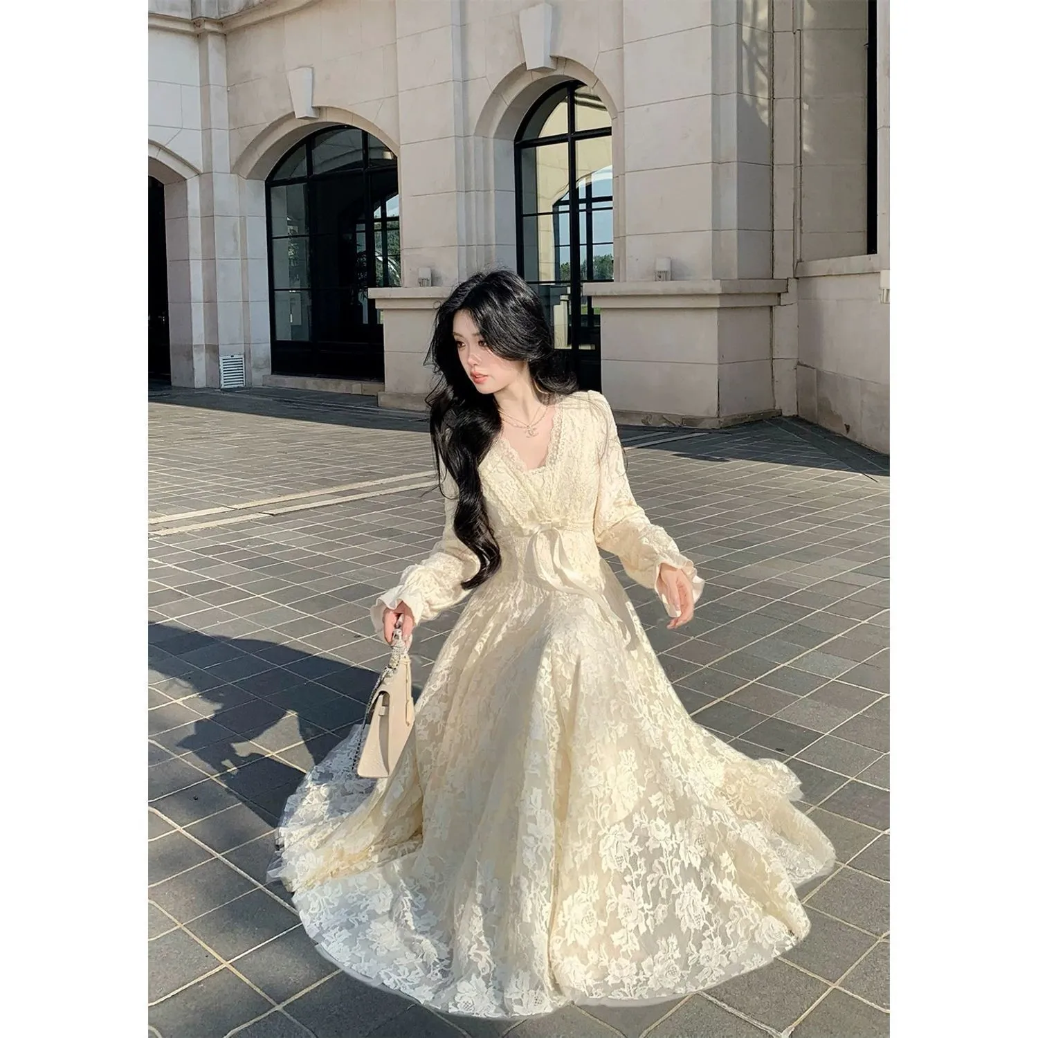Women's V-Neck Lace Dress Elegant A-Line Flared Skirt Rosemary Garden Style, Slim Waist, Plus Velvet Lining, New Arrival thumbnail 1