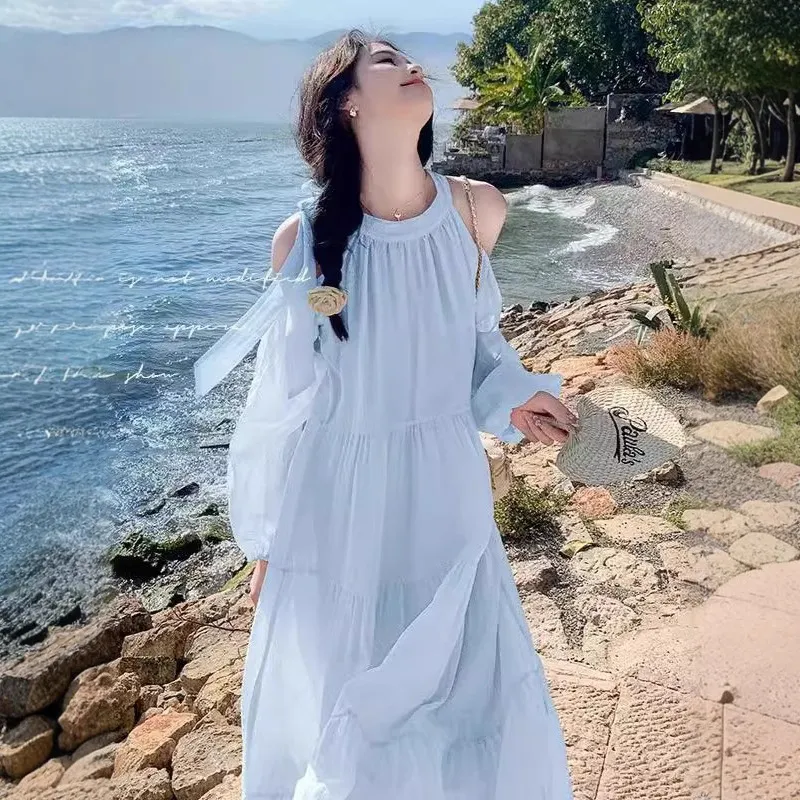 Women's Summer Beach Dress 2025 - Seaside Holiday Elegant French Style Shoulder Dress - Sweet & Gentle Vacation Outfit thumbnail 1