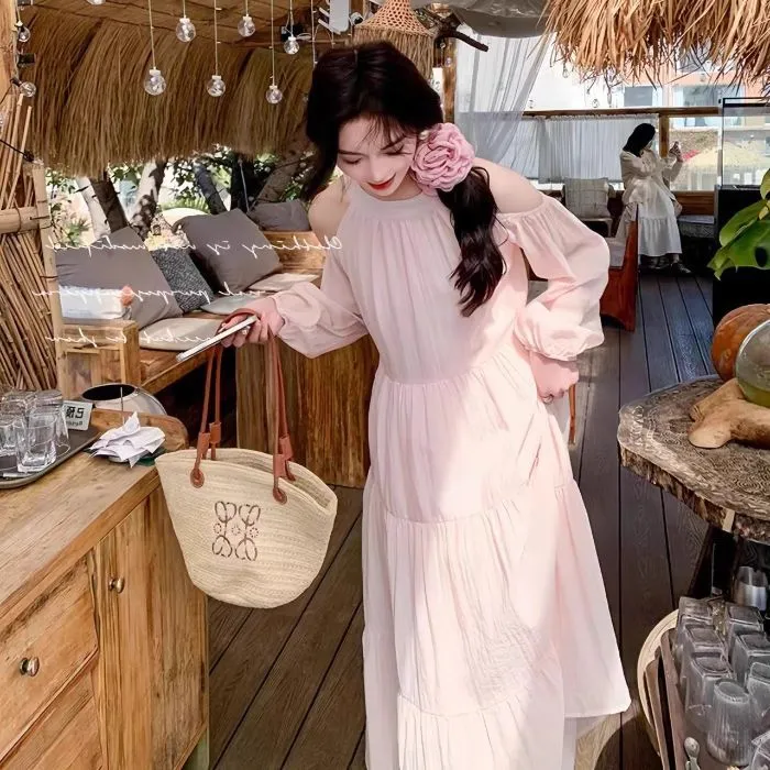 Women's Summer Beach Dress 2025 - Seaside Holiday Elegant French Style Shoulder Dress - Sweet & Gentle Vacation Outfit thumbnail 6
