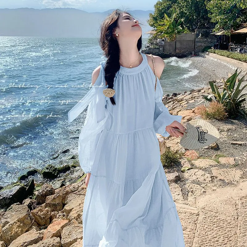 Women's Summer Beach Dress 2025 - Seaside Holiday Elegant French Style Shoulder Dress - Sweet & Gentle Vacation Outfit showcase 2