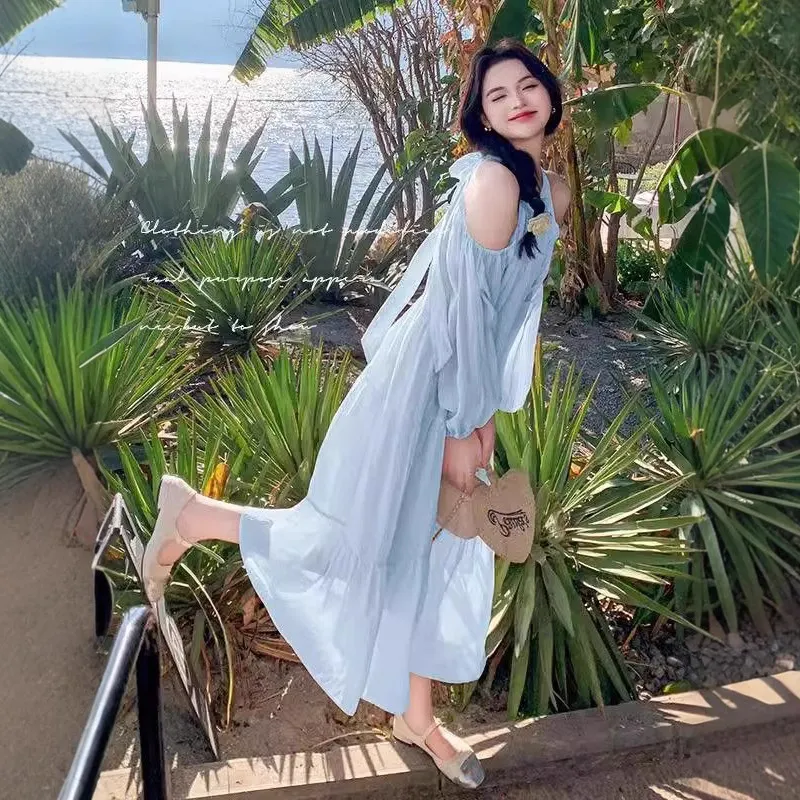 Women's Summer Beach Dress 2025 - Seaside Holiday Elegant French Style Shoulder Dress - Sweet & Gentle Vacation Outfit thumbnail 3