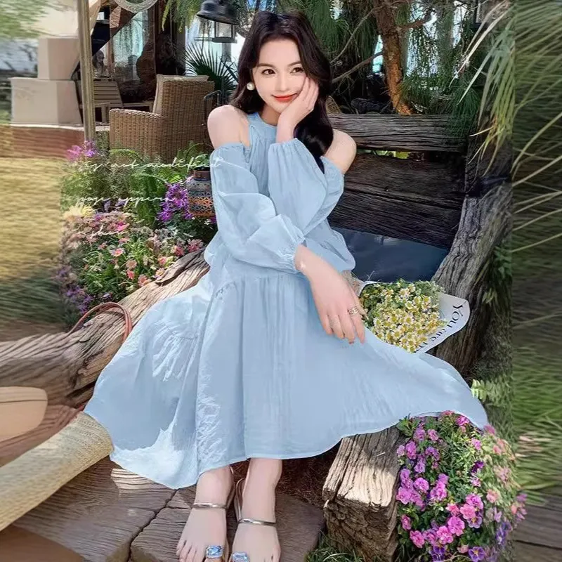 Women's Summer Beach Dress 2025 - Seaside Holiday Elegant French Style Shoulder Dress - Sweet & Gentle Vacation Outfit thumbnail 2