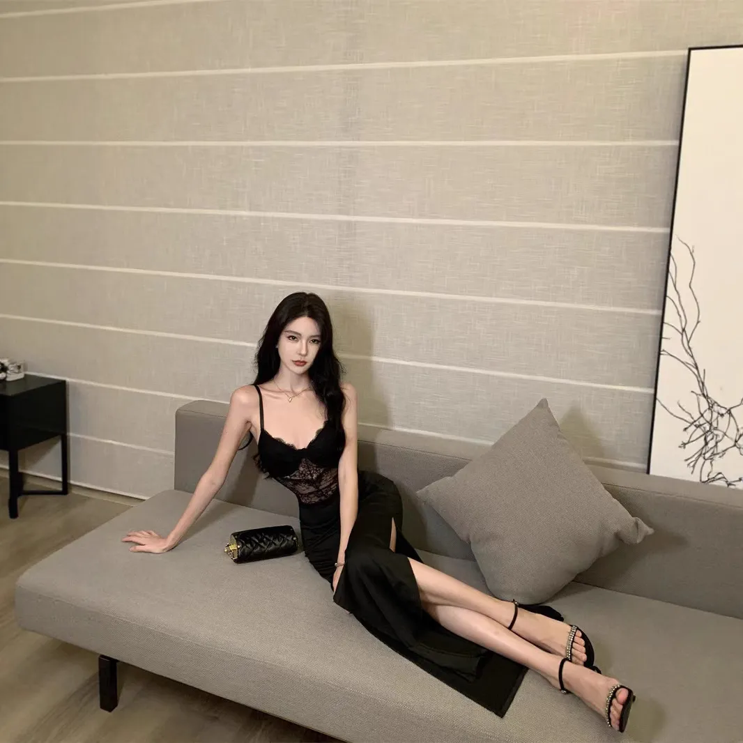 Women's Black Lace Splicing Slit Evening Dress Sexy Bodycon Hip-Hugging Elegant Suspender Skirt with Breast Pads Party Cocktail Clubwear thumbnail 4
