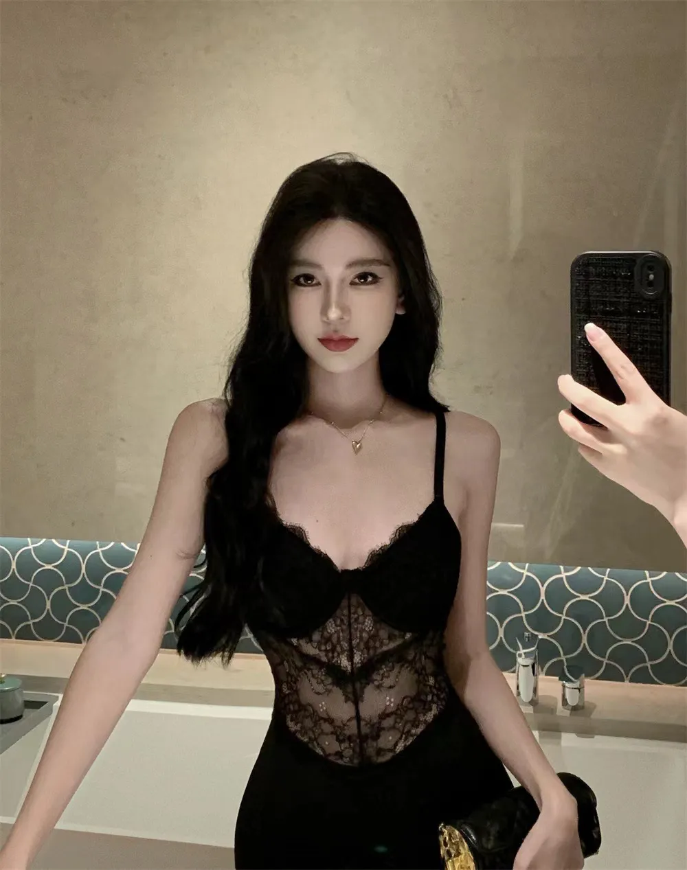 Women's Black Lace Splicing Slit Evening Dress Sexy Bodycon Hip-Hugging Elegant Suspender Skirt with Breast Pads Party Cocktail Clubwear showcase 1