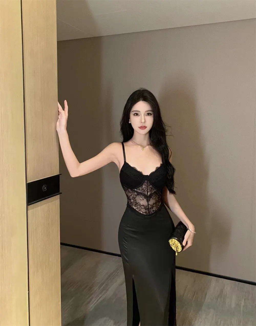 Women's Black Lace Splicing Slit Evening Dress Sexy Bodycon Hip-Hugging Elegant Suspender Skirt with Breast Pads Party Cocktail Clubwear showcase 8