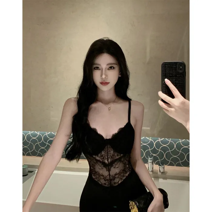 Women's Black Lace Splicing Slit Evening Dress Sexy Bodycon Hip-Hugging Elegant Suspender Skirt with Breast Pads Party Cocktail Clubwear thumbnail 6
