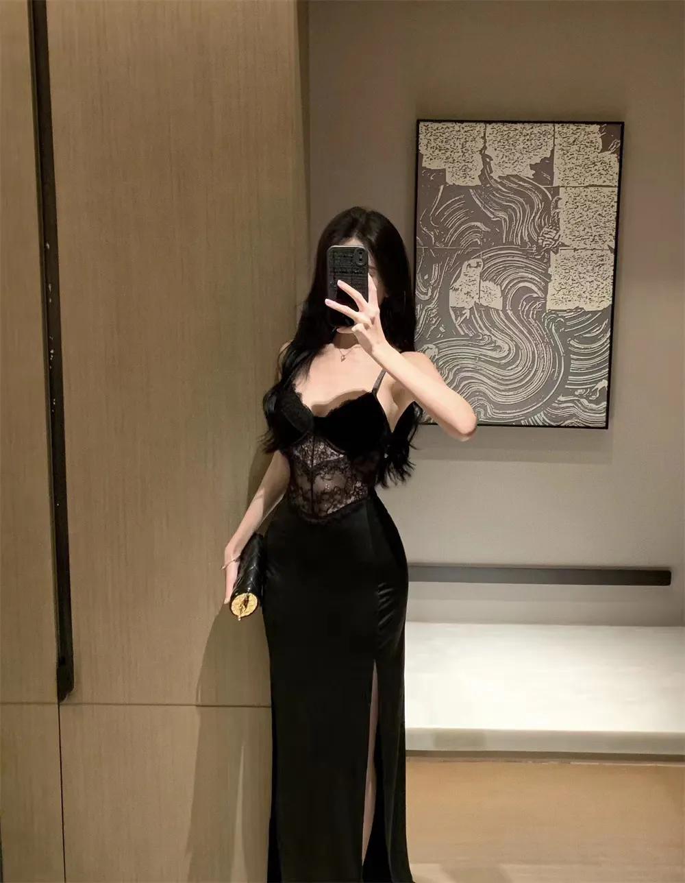 Women's Black Lace Splicing Slit Evening Dress Sexy Bodycon Hip-Hugging Elegant Suspender Skirt with Breast Pads Party Cocktail Clubwear showcase 11