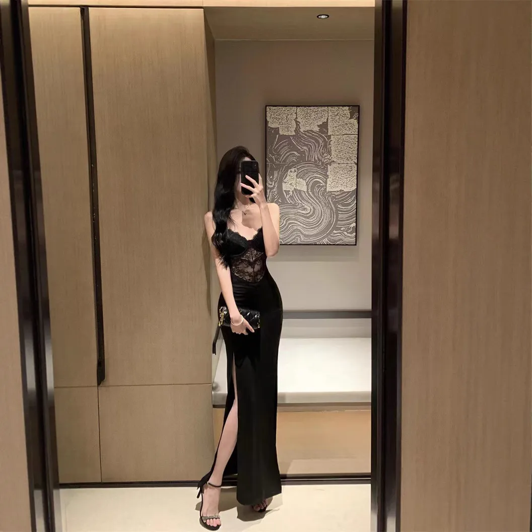 Women's Black Lace Splicing Slit Evening Dress Sexy Bodycon Hip-Hugging Elegant Suspender Skirt with Breast Pads Party Cocktail Clubwear thumbnail 2
