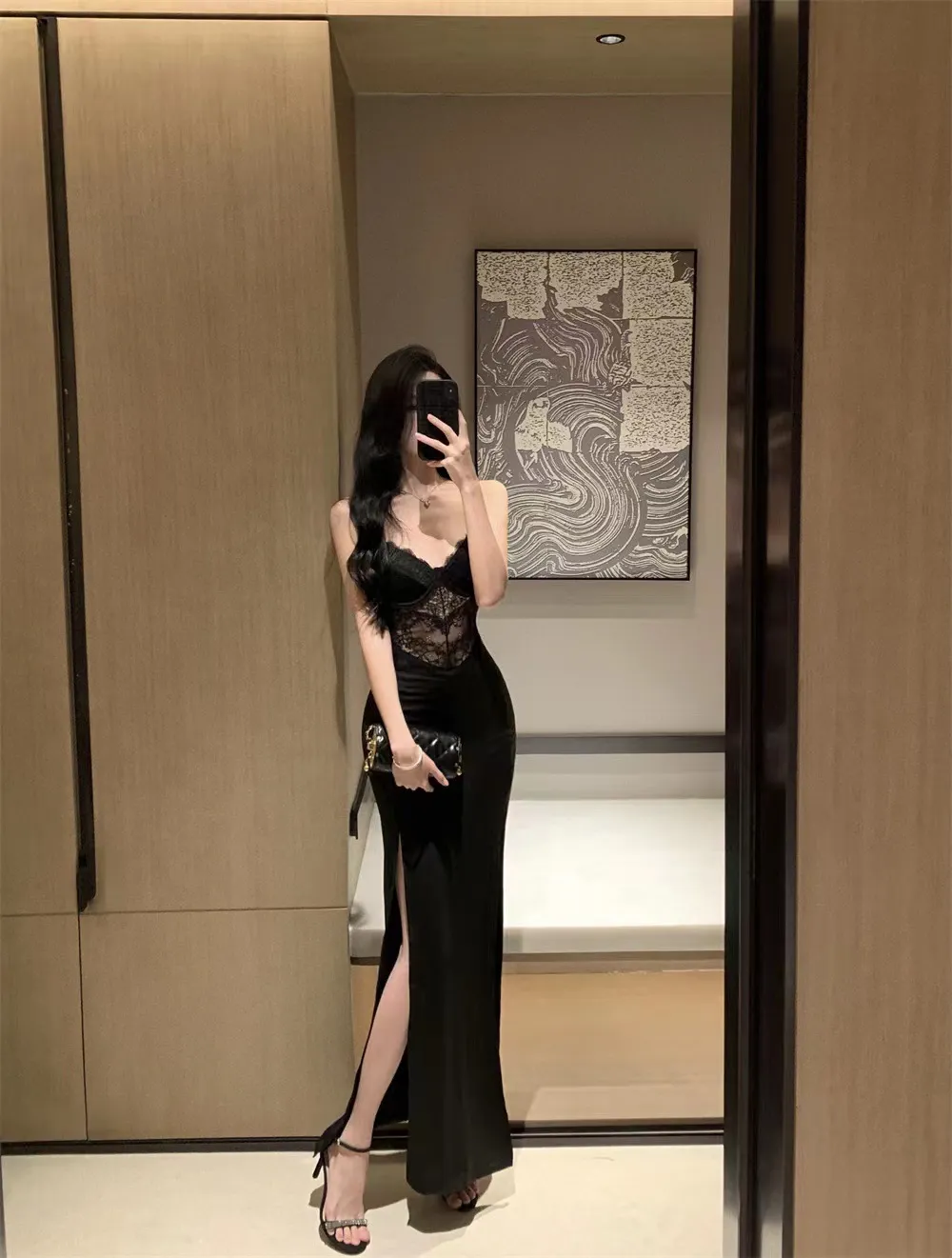 Women's Black Lace Splicing Slit Evening Dress Sexy Bodycon Hip-Hugging Elegant Suspender Skirt with Breast Pads Party Cocktail Clubwear showcase 2