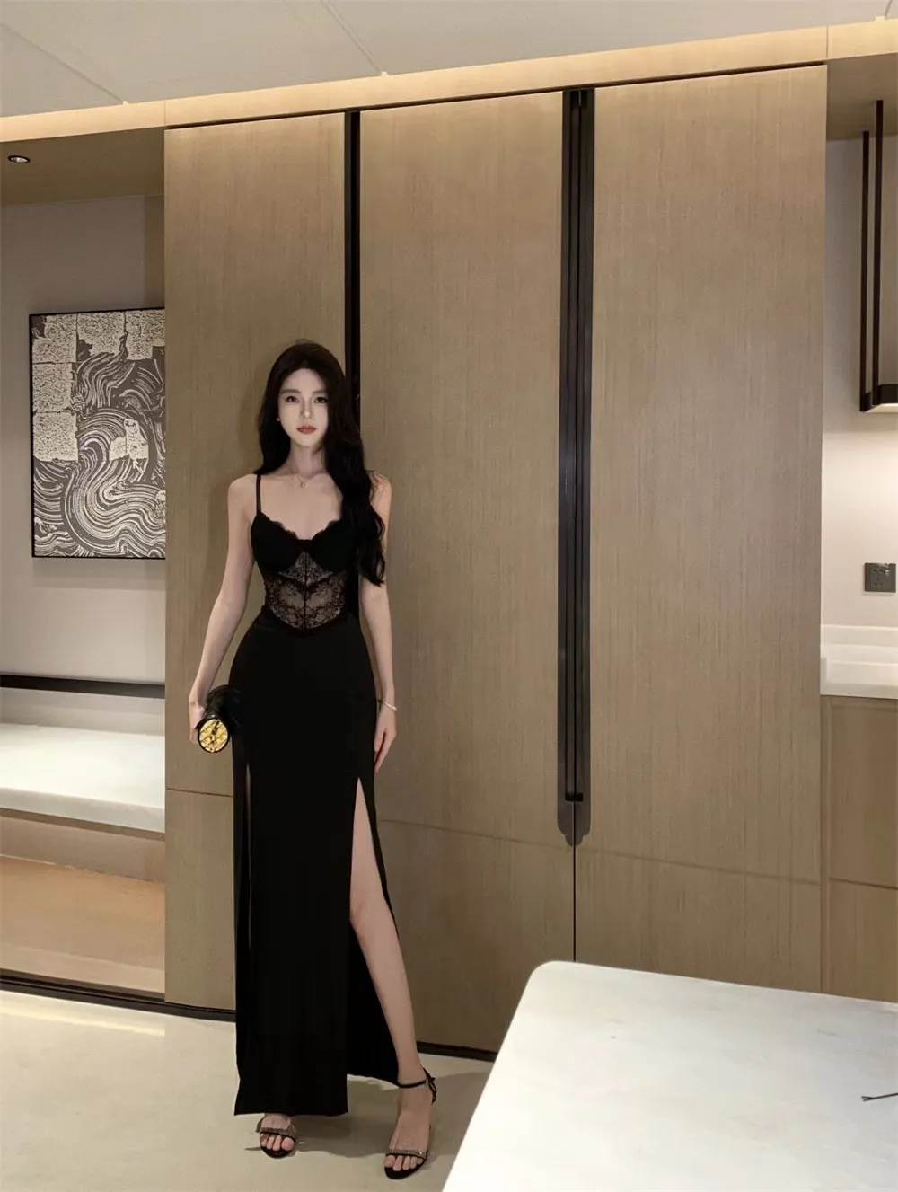 Women's Black Lace Splicing Slit Evening Dress Sexy Bodycon Hip-Hugging Elegant Suspender Skirt with Breast Pads Party Cocktail Clubwear showcase 3