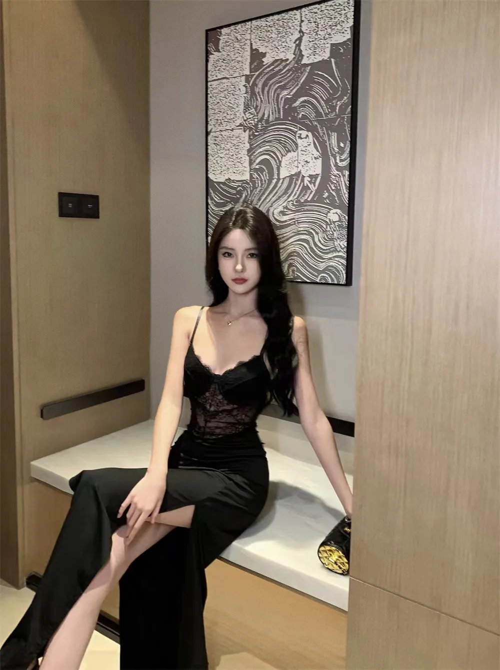Women's Black Lace Splicing Slit Evening Dress Sexy Bodycon Hip-Hugging Elegant Suspender Skirt with Breast Pads Party Cocktail Clubwear showcase 5