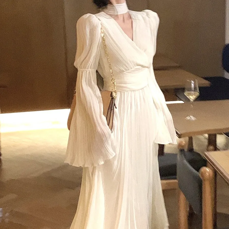 Elegant White V-Neck Dress for Women | 2024 Spring Fashion | Long Sleeve Tea Dress | French Style High-End Midi Dress | Party Cocktail Dress thumbnail 1