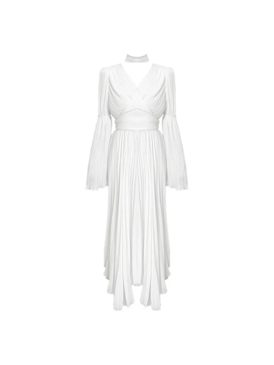 Elegant White V-Neck Dress for Women | 2024 Spring Fashion | Long Sleeve Tea Dress | French Style High-End Midi Dress | Party Cocktail Dress showcase 7