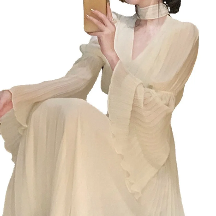 Elegant White V-Neck Dress for Women | 2024 Spring Fashion | Long Sleeve Tea Dress | French Style High-End Midi Dress | Party Cocktail Dress thumbnail 5