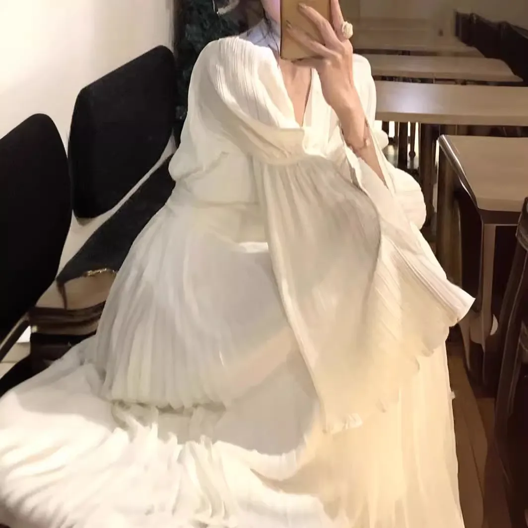 Elegant White V-Neck Dress for Women | 2024 Spring Fashion | Long Sleeve Tea Dress | French Style High-End Midi Dress | Party Cocktail Dress thumbnail 4