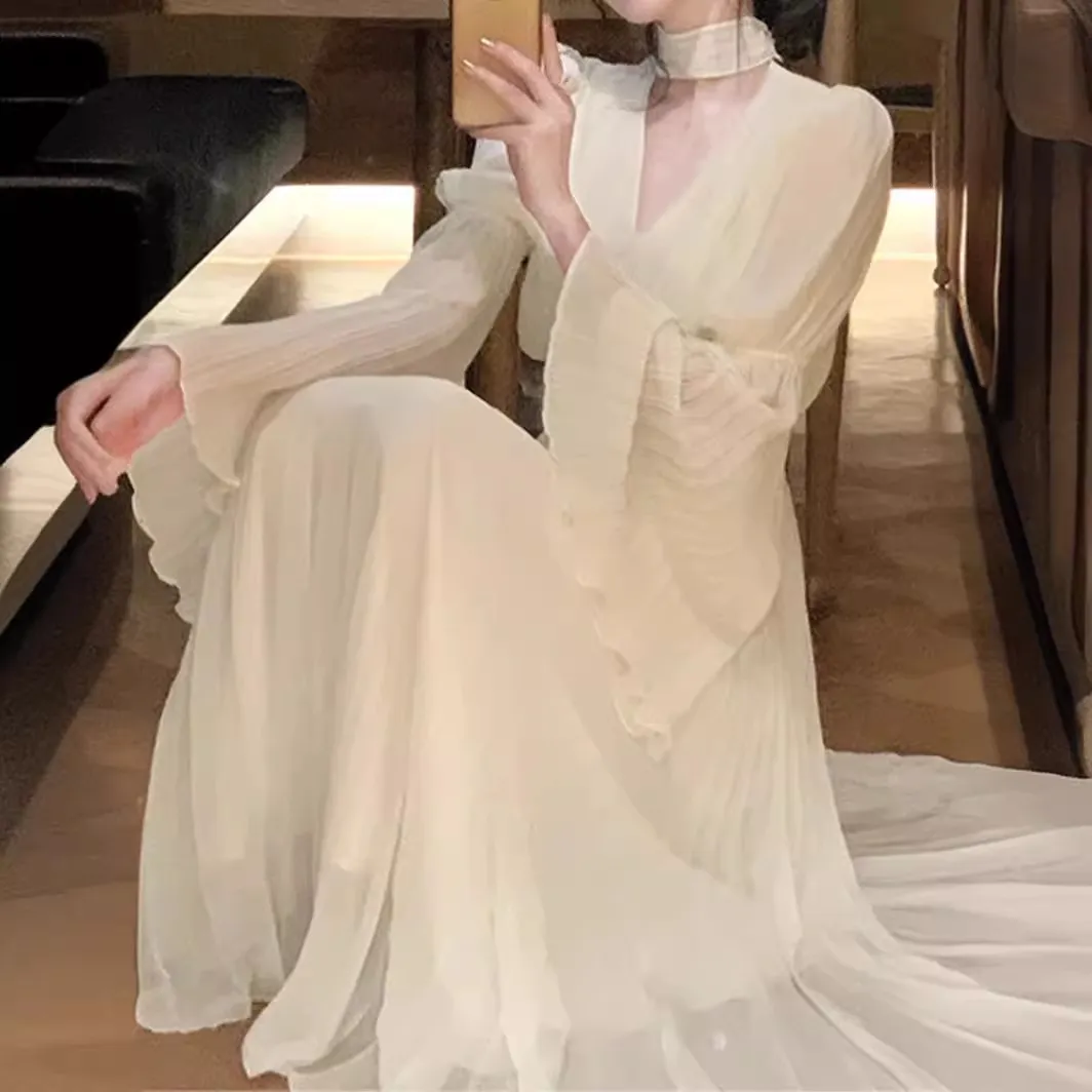 Elegant White V-Neck Dress for Women | 2024 Spring Fashion | Long Sleeve Tea Dress | French Style High-End Midi Dress | Party Cocktail Dress thumbnail 2