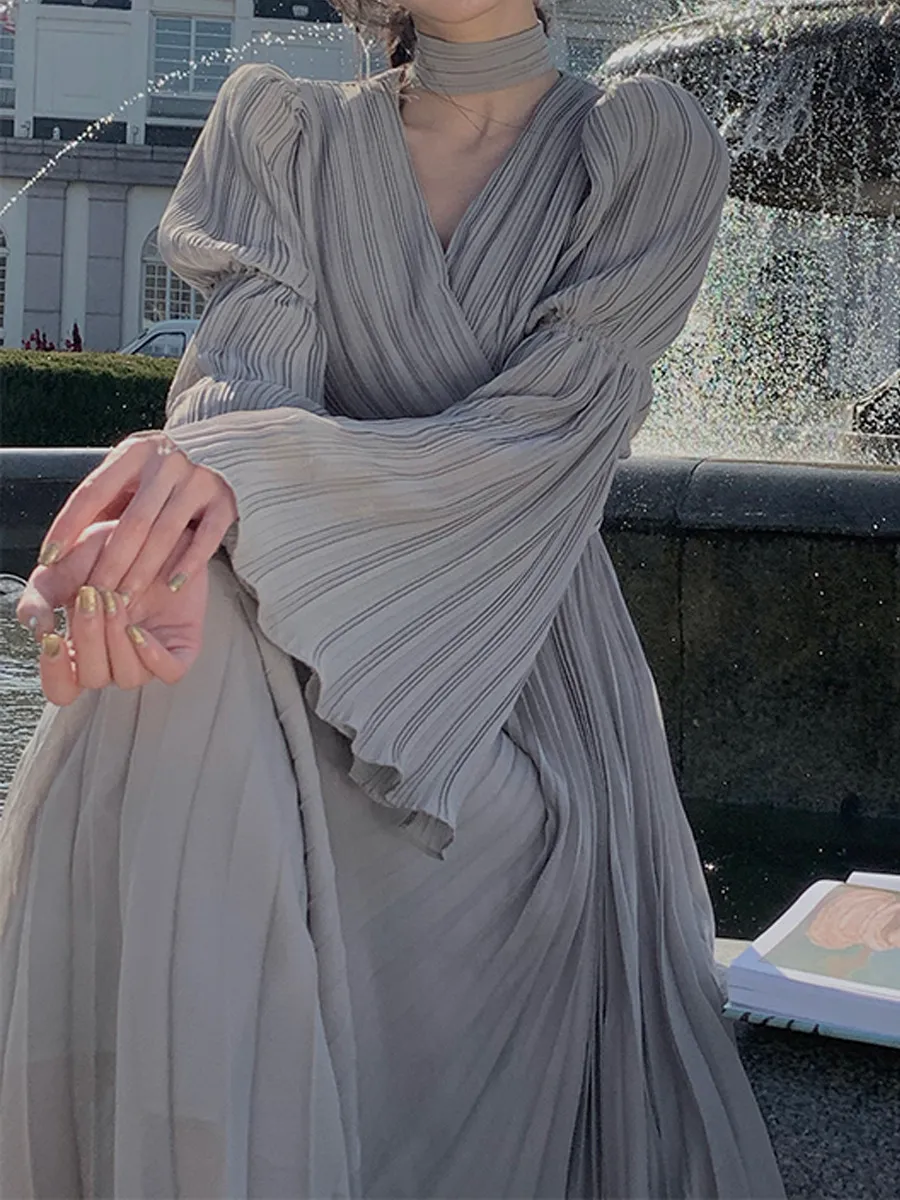 Elegant White V-Neck Dress for Women | 2024 Spring Fashion | Long Sleeve Tea Dress | French Style High-End Midi Dress | Party Cocktail Dress showcase 5